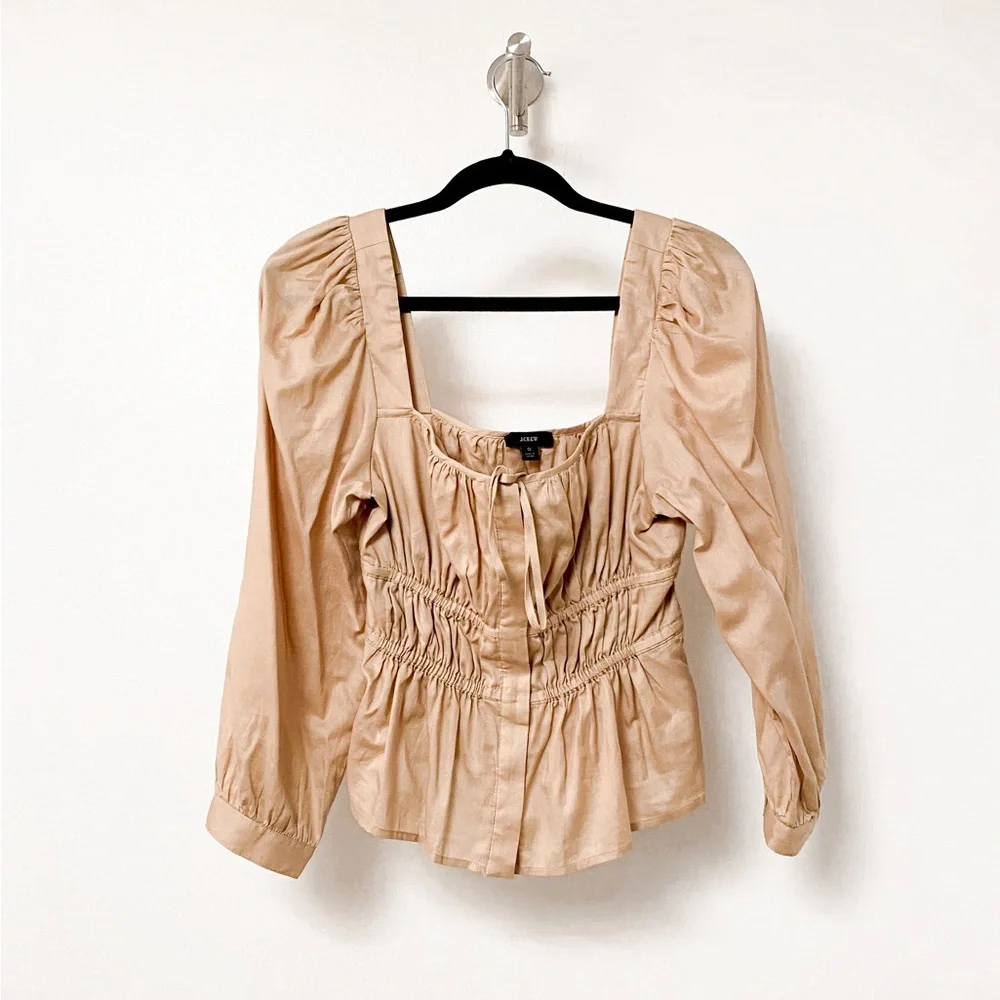 J. Crew Spring Chic Cinched Waist Top in Herringbone Cotton in Almond Biscotti‎